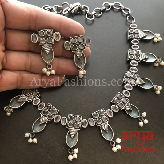 Rumi Handmade Oxidized Silver Necklace with Pearl Beads/Kolhapuri