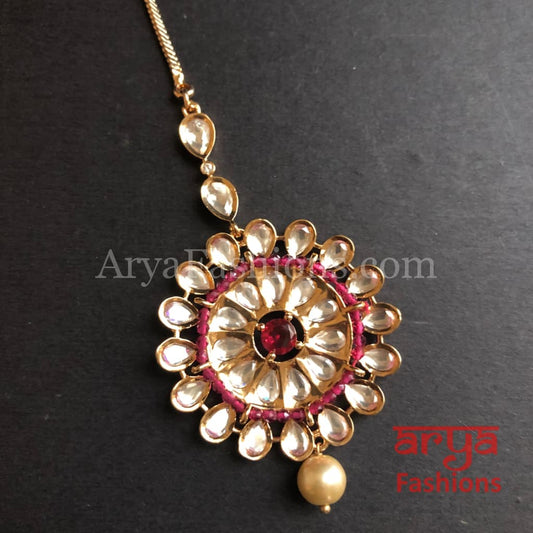 Russhi Ruby Pink CZ Kundan Golden Mang Tika