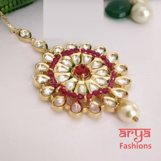 Russhi Ruby Pink CZ Kundan Golden Mang Tika