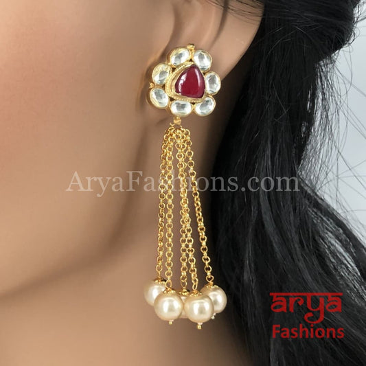 Saba Golden Jhumka Earrings with Pearl Beads and Red Meenakari