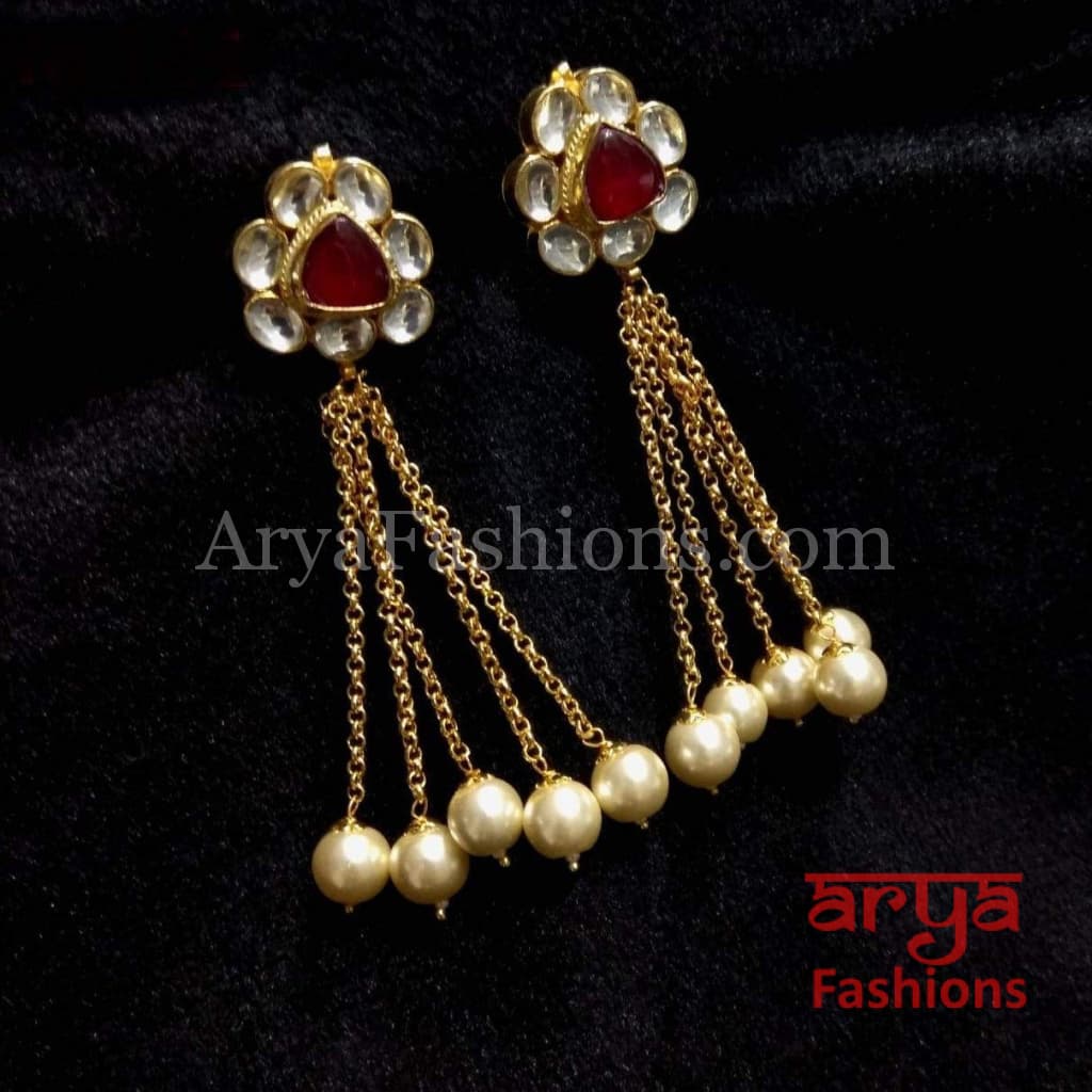 Saba Golden Jhumka Earrings with Pearl Beads and Red Meenakari