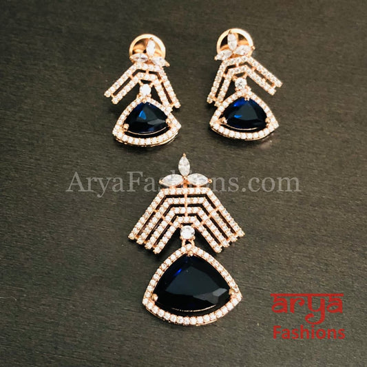 Sahi Rose Gold Cubic Zirconia Ethnic Pendant with Stud Earrings