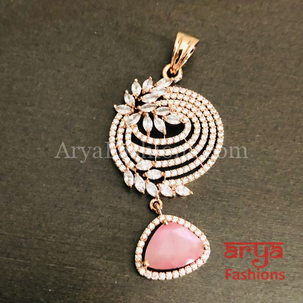 Sahi Rose Gold Cubic Zirconia Ethnic Pendant with Stud Earrings