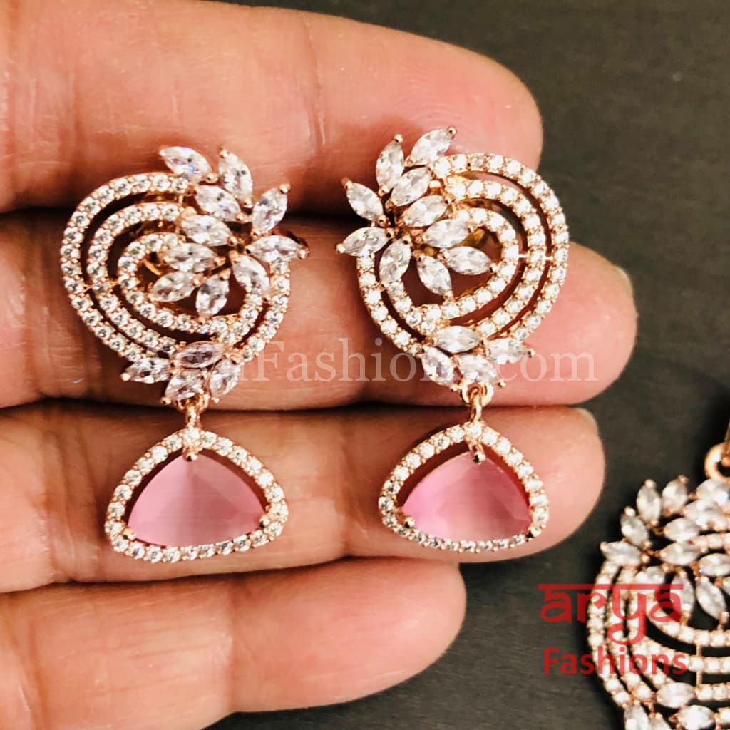 Sahi Rose Gold Cubic Zirconia Ethnic Pendant with Stud Earrings