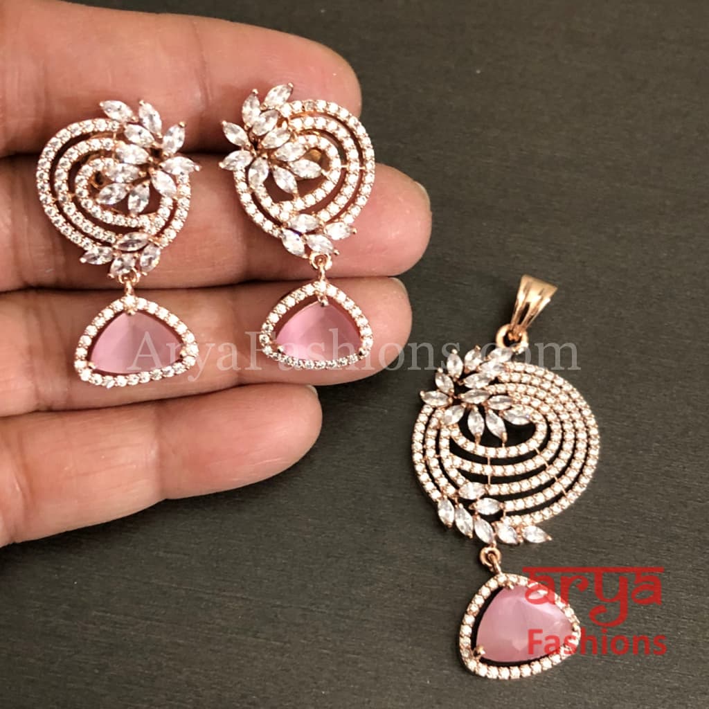 Sahi Rose Gold Cubic Zirconia Ethnic Pendant with Stud Earrings