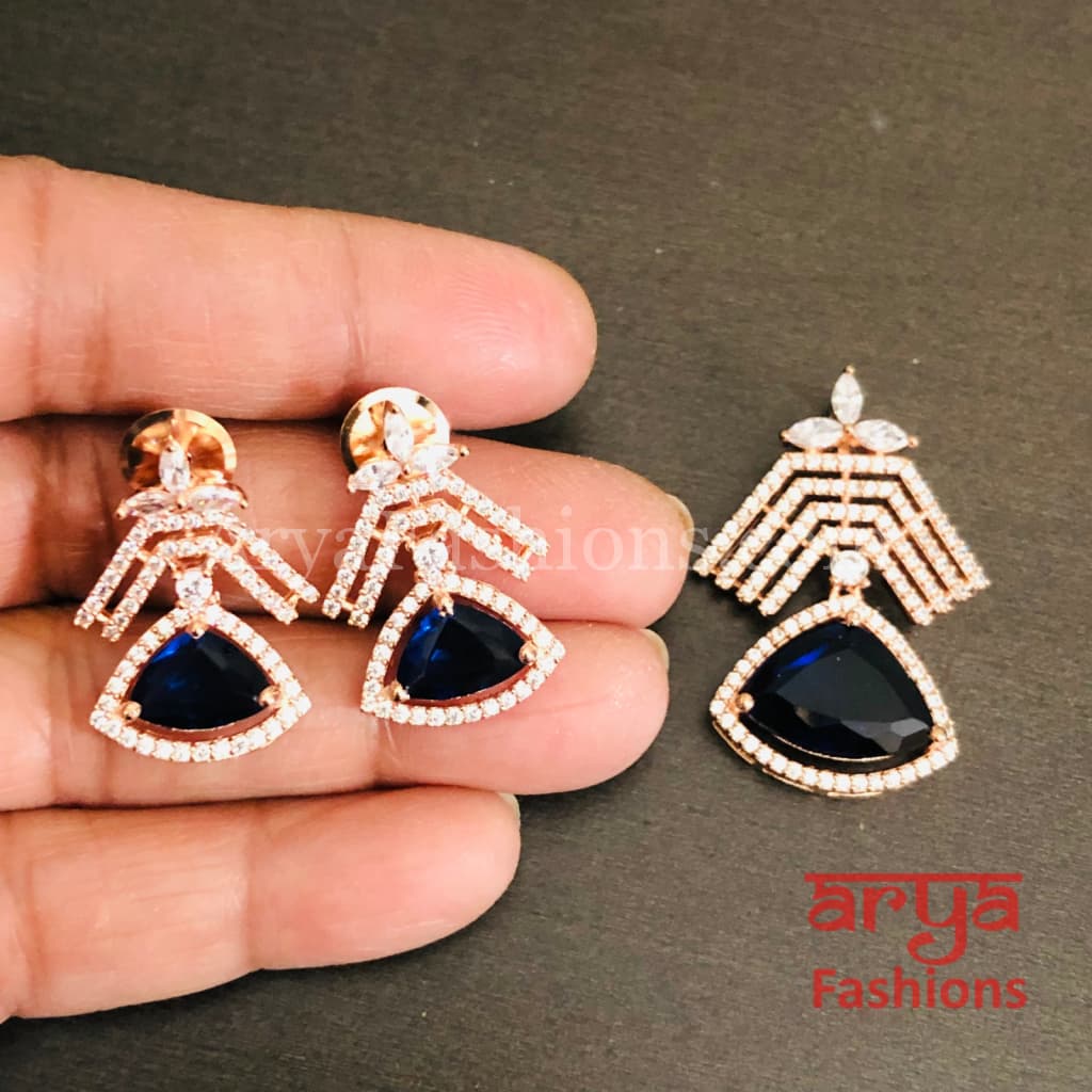Sahi Rose Gold Cubic Zirconia Ethnic Pendant with Stud Earrings