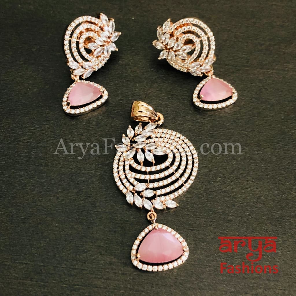 Sahi Rose Gold Cubic Zirconia Ethnic Pendant with Stud Earrings