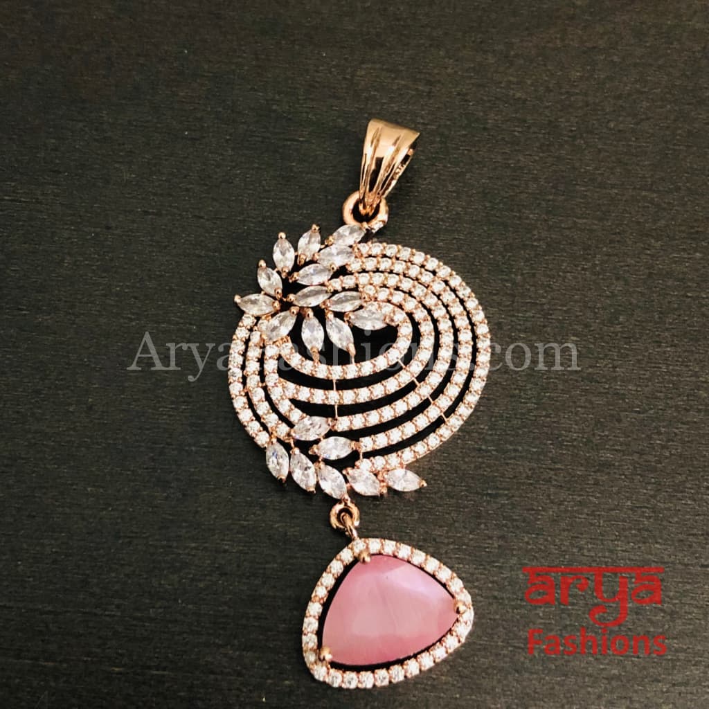 Sahi Rose Gold Cubic Zirconia Ethnic Pendant with Stud Earrings