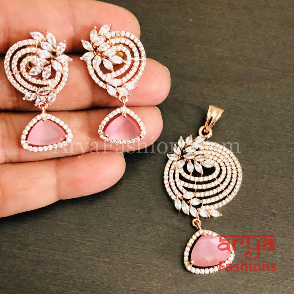 Sahi Rose Gold Cubic Zirconia Ethnic Pendant with Stud Earrings