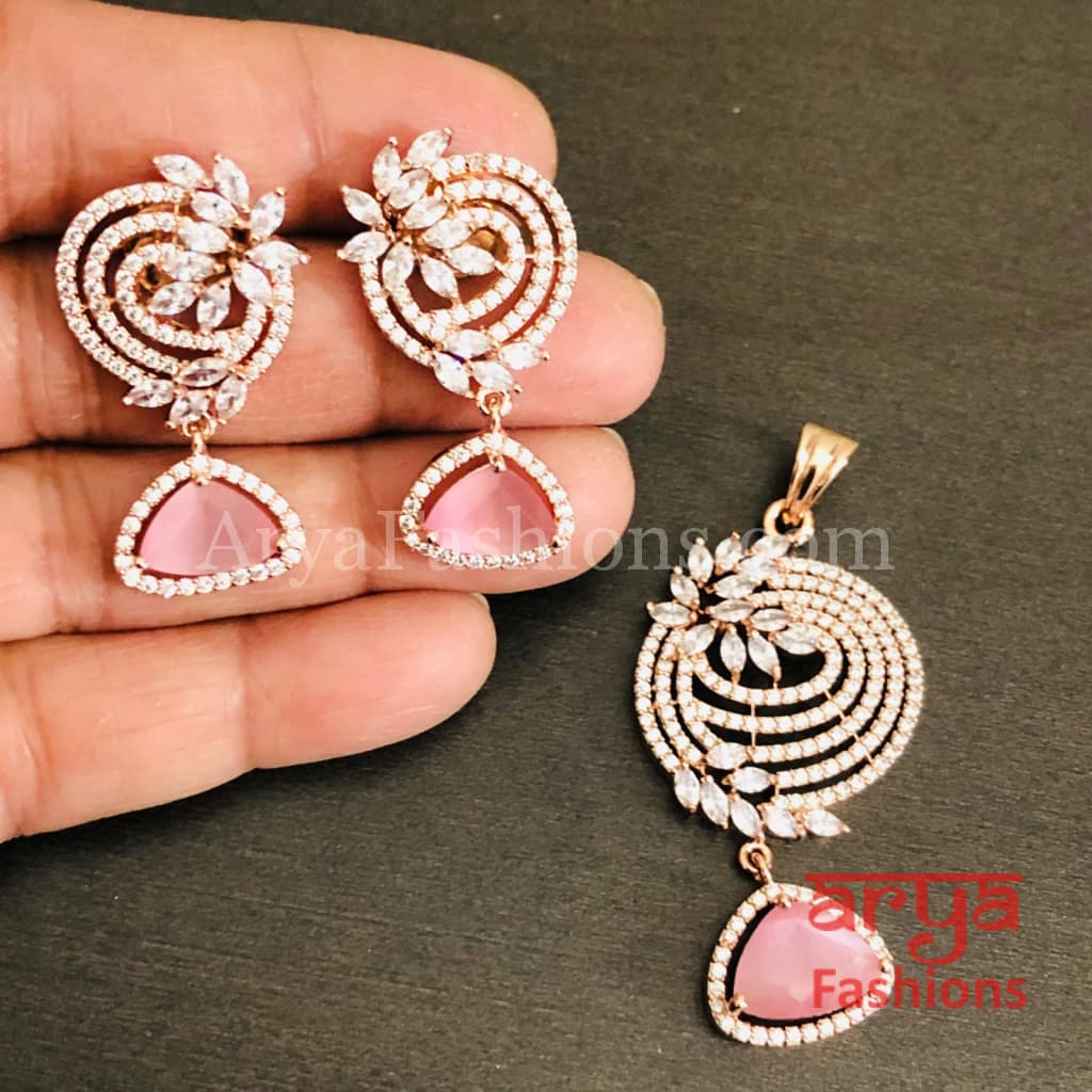 Sahi Rose Gold Cubic Zirconia Ethnic Pendant with Stud Earrings