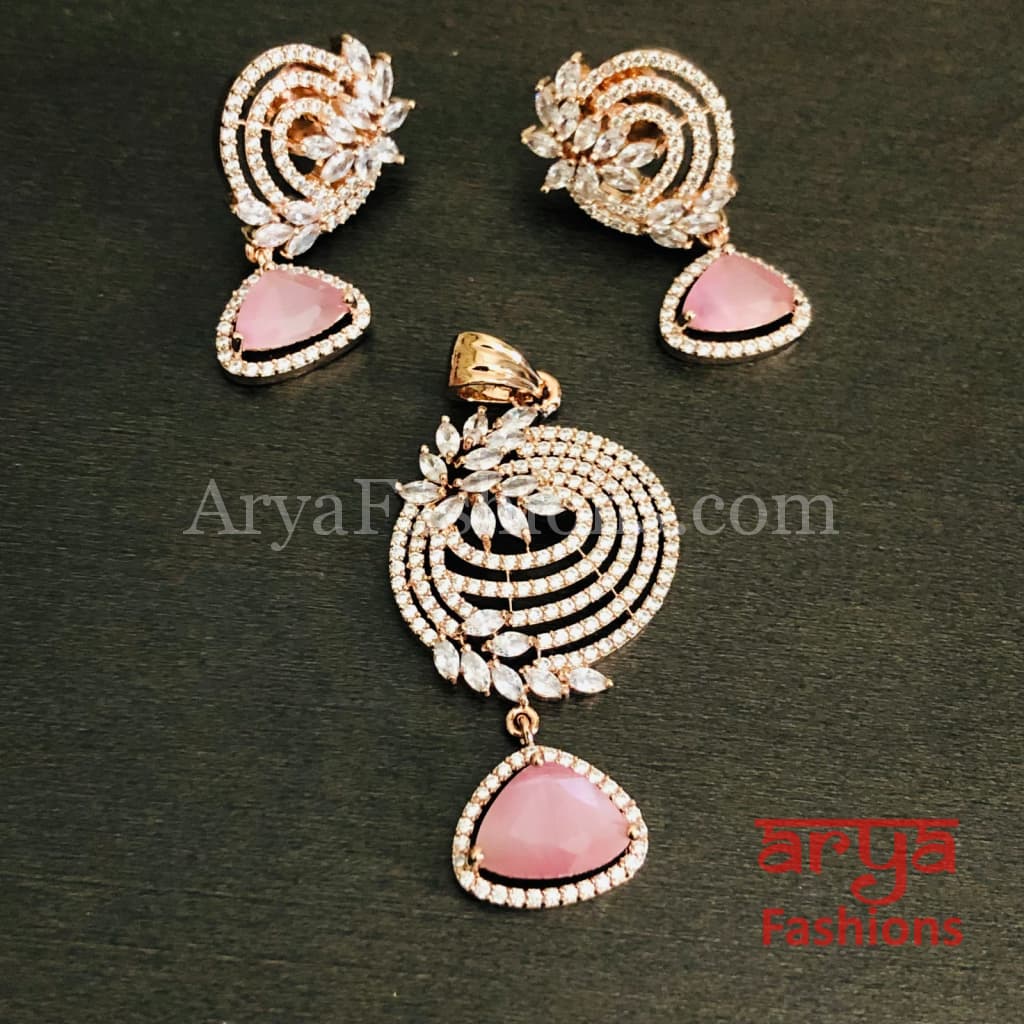 Sahi Rose Gold Cubic Zirconia Ethnic Pendant with Stud Earrings