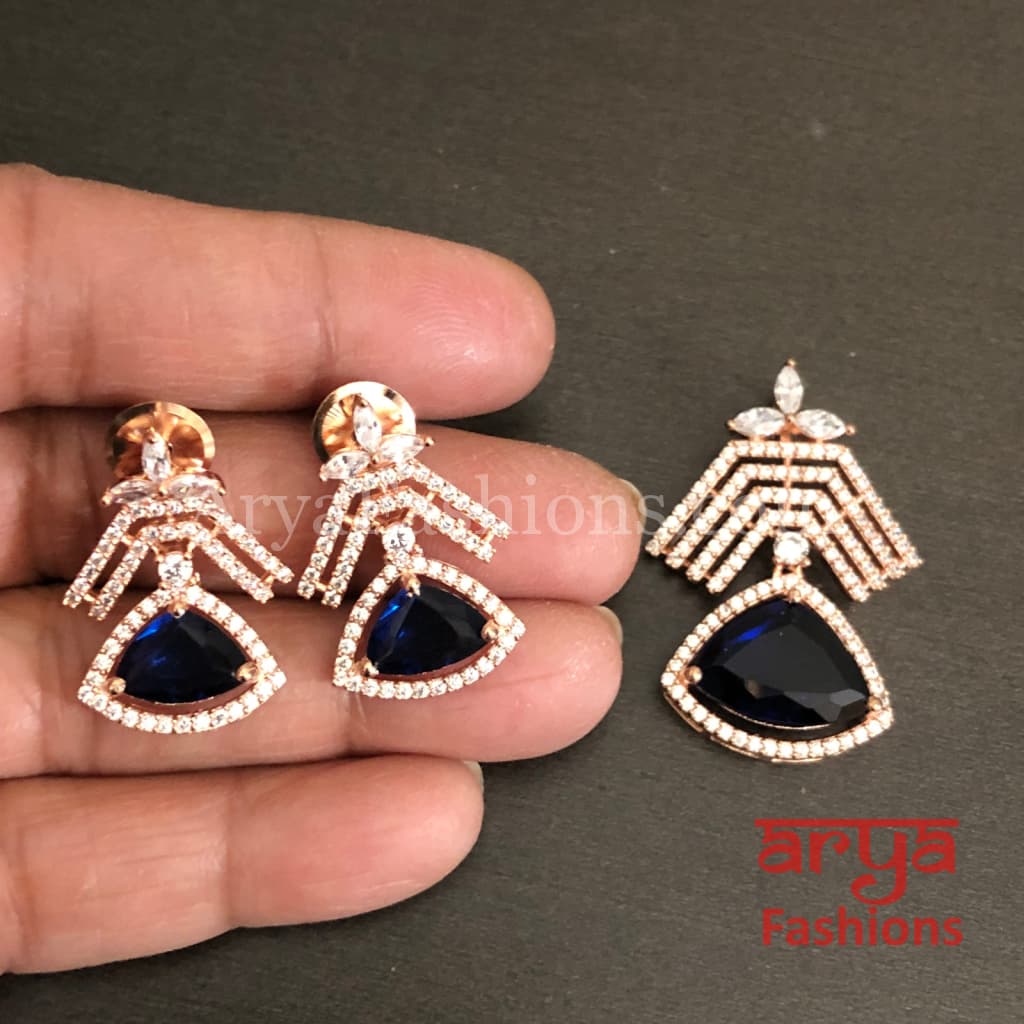 Sahi Rose Gold Cubic Zirconia Ethnic Pendant with Stud Earrings