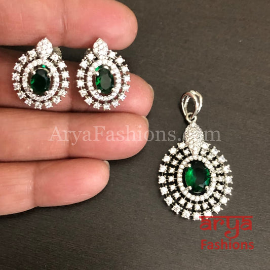 Sahi Silver Cubic Zirconia Ethnic Pendant with Stud Earrings