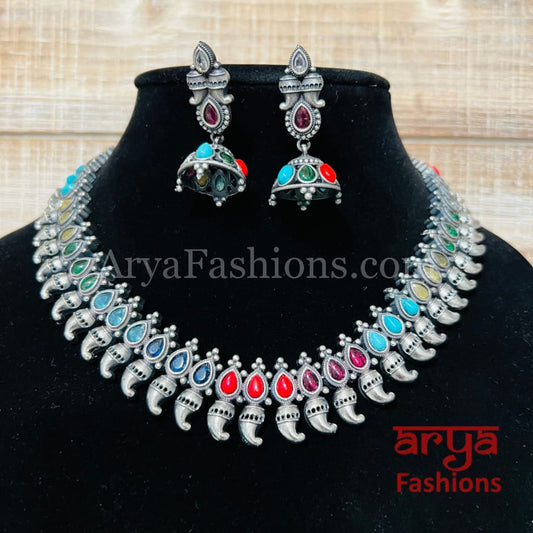 Saiba Oxidized Silver Gemstone Necklace