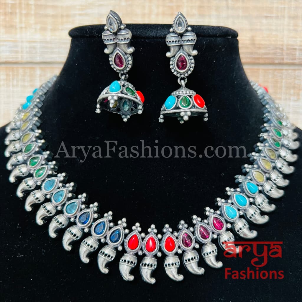 Saiba Oxidized Silver Gemstone Necklace