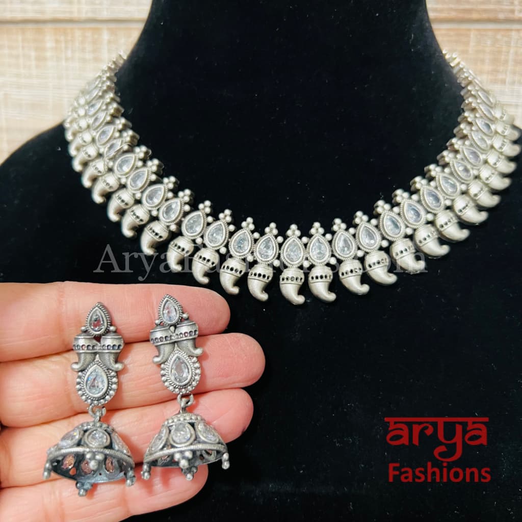Saiba Oxidized Silver Gemstone Necklace