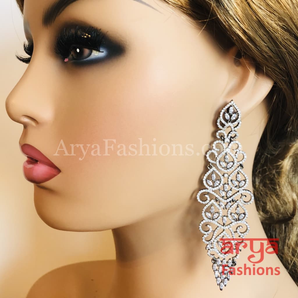 Saiba Victorian Long Black and Silver Cubic Zirconia earrings