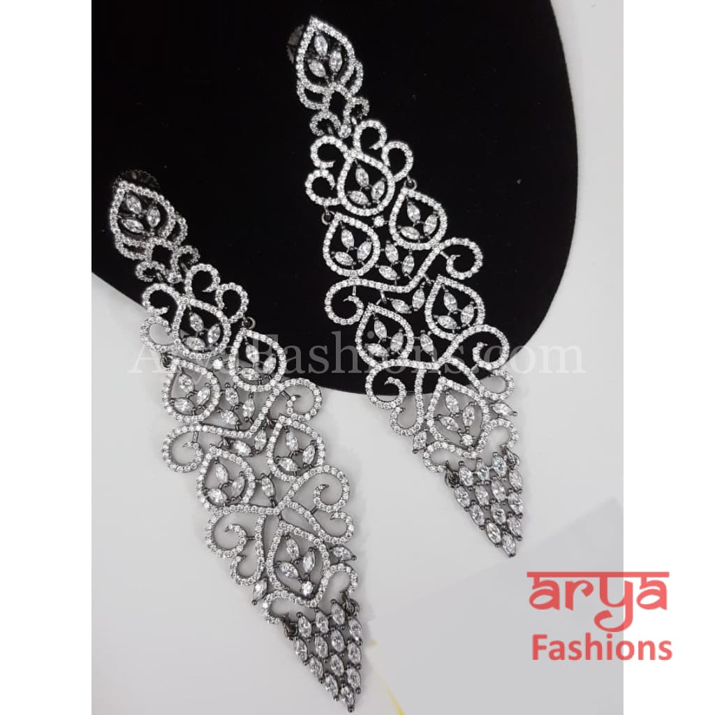 Saiba Victorian Long Black and Silver Cubic Zirconia earrings