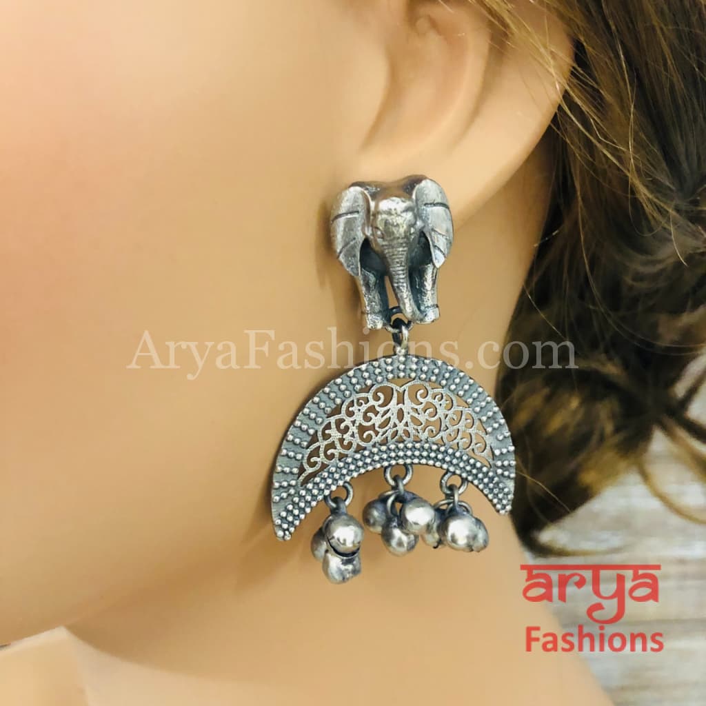 Saira Oxidized Silver Elephant Chandbali Earrings