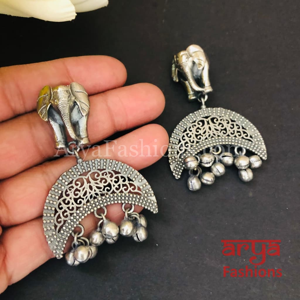 Saira Oxidized Silver Elephant Chandbali Earrings