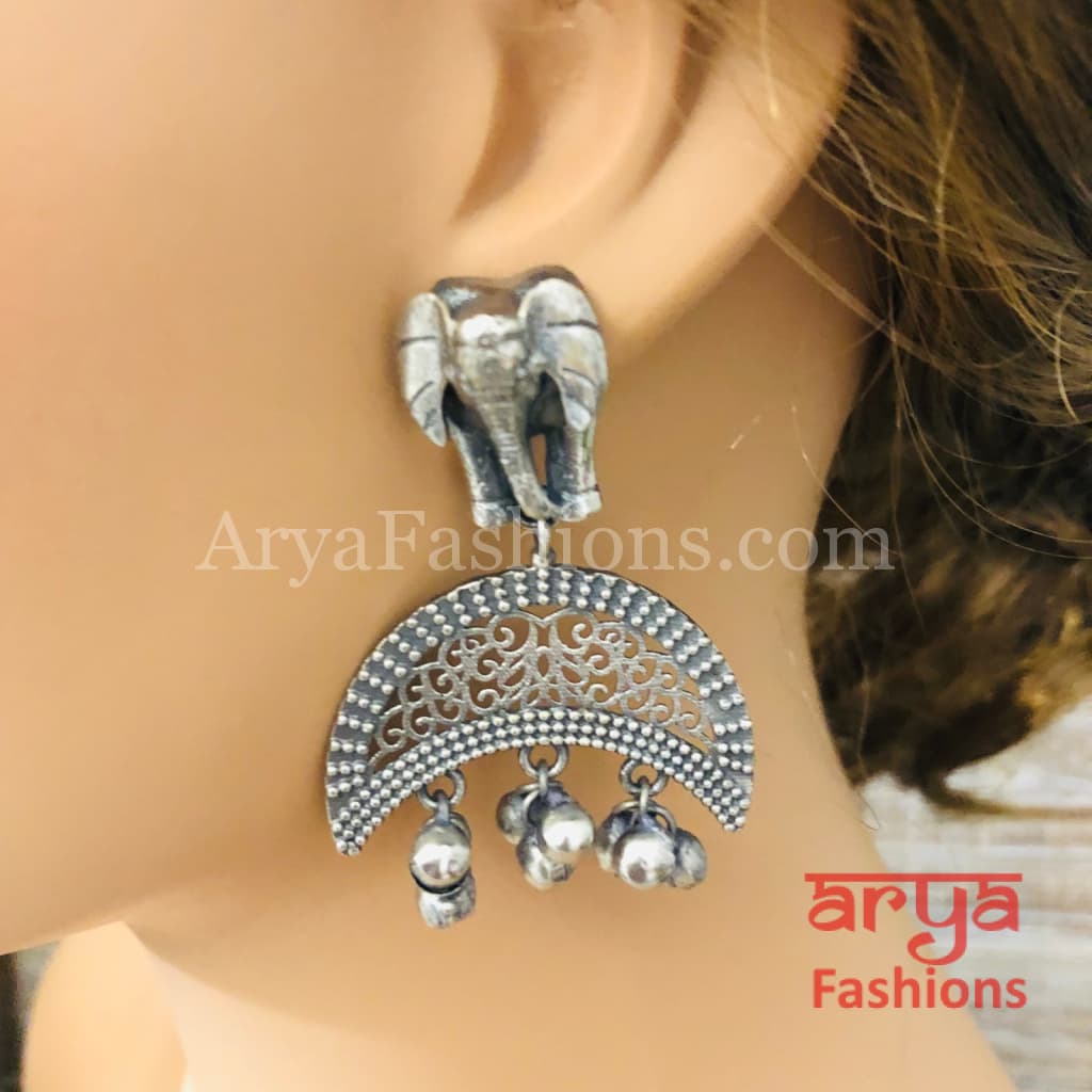 Saira Oxidized Silver Elephant Chandbali Earrings