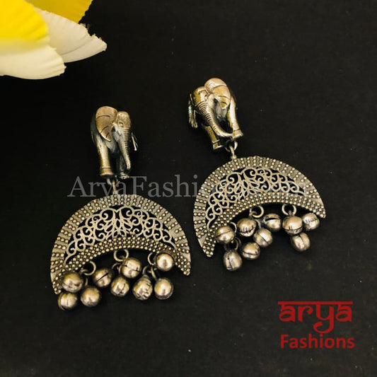Saira Oxidized Silver Elephant Chandbali Earrings