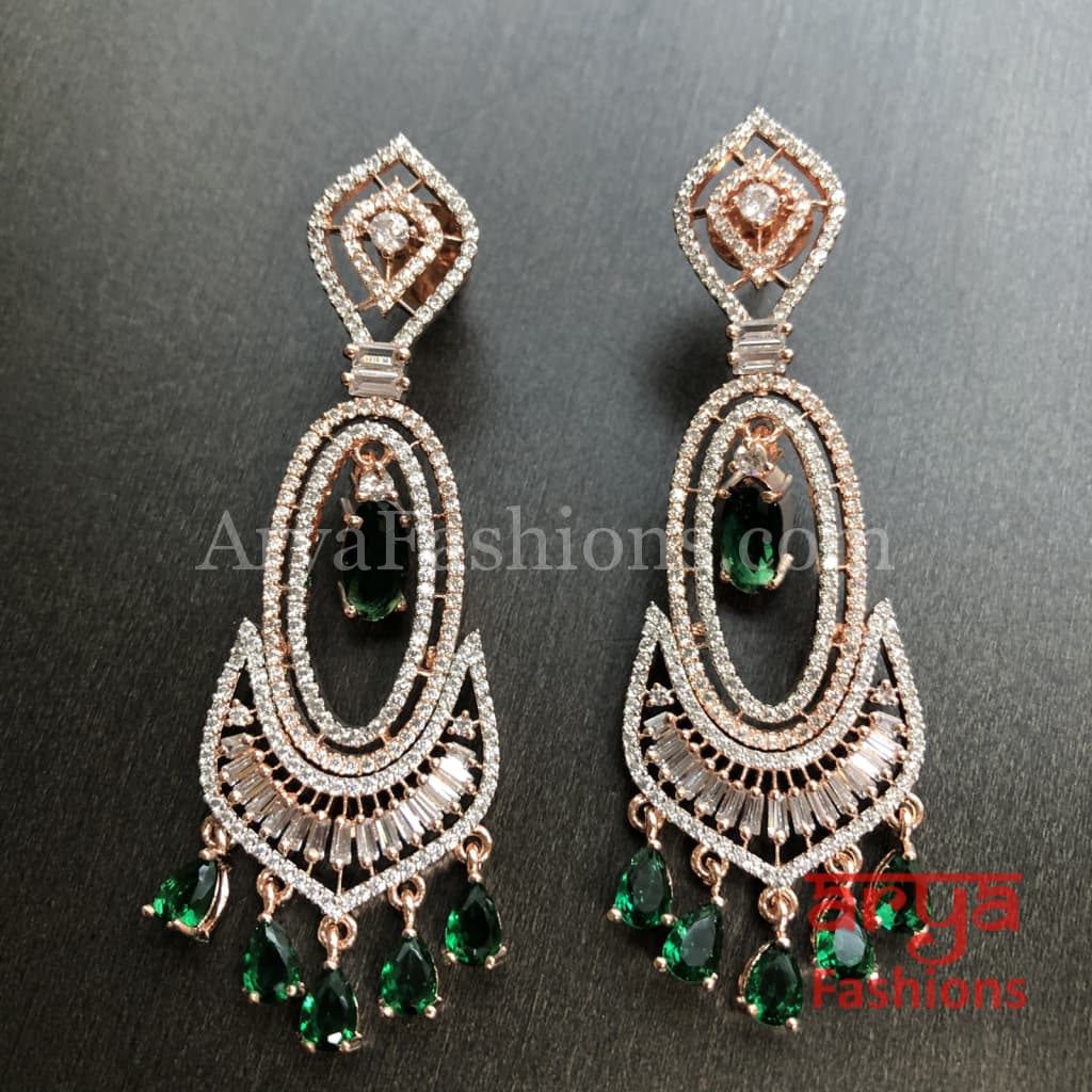 Saira Rose Gold Two Line Ruby/Emerald Green Cubic Zirconia Earrings