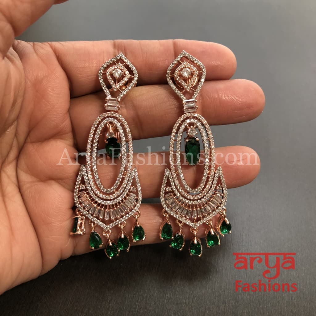 Saira Rose Gold Two Line Ruby/Emerald Green Cubic Zirconia Earrings
