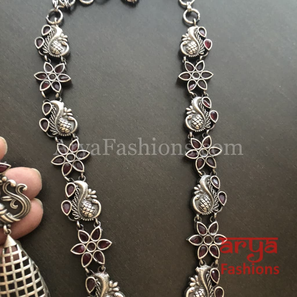 Sakshi Round Pendant Silver Oxidized Tribal Necklace with Pearl beads
