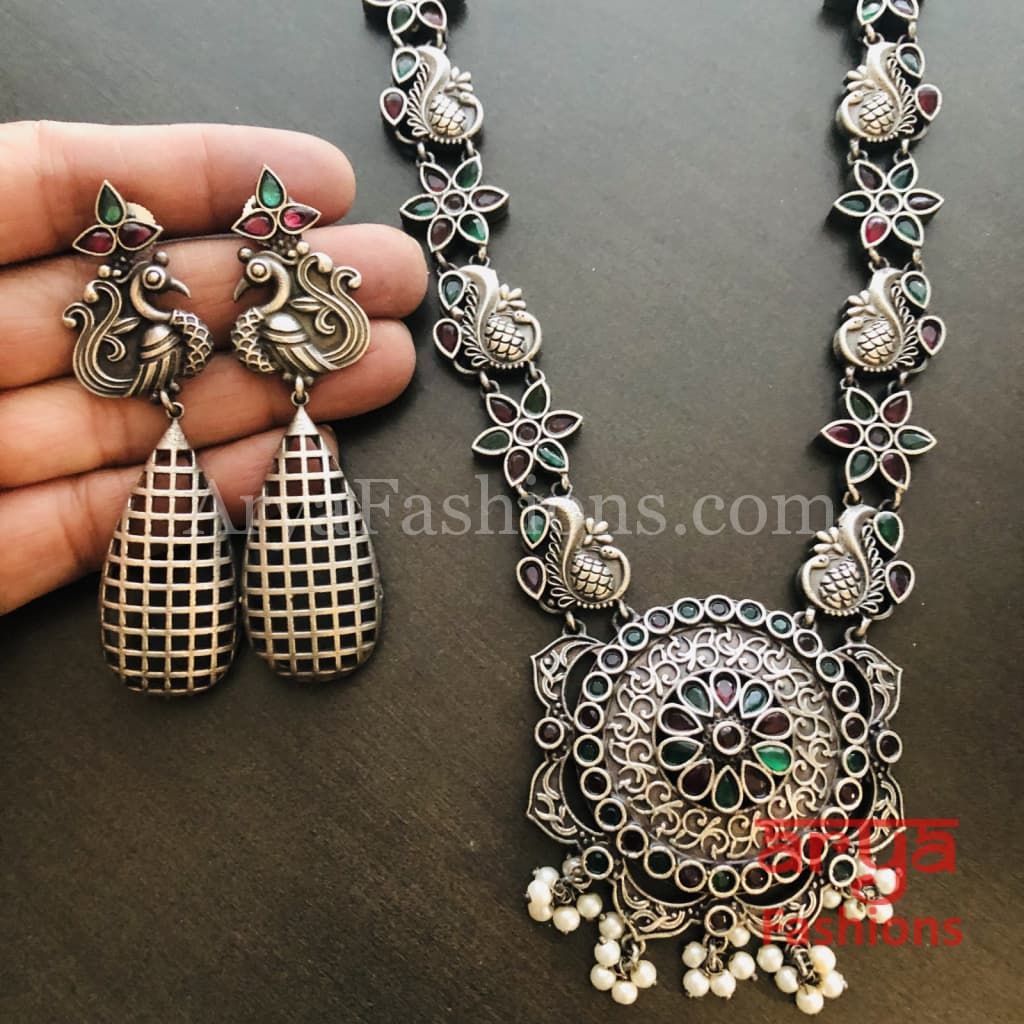 Sakshi Round Pendant Silver Oxidized Tribal Necklace with Pearl beads