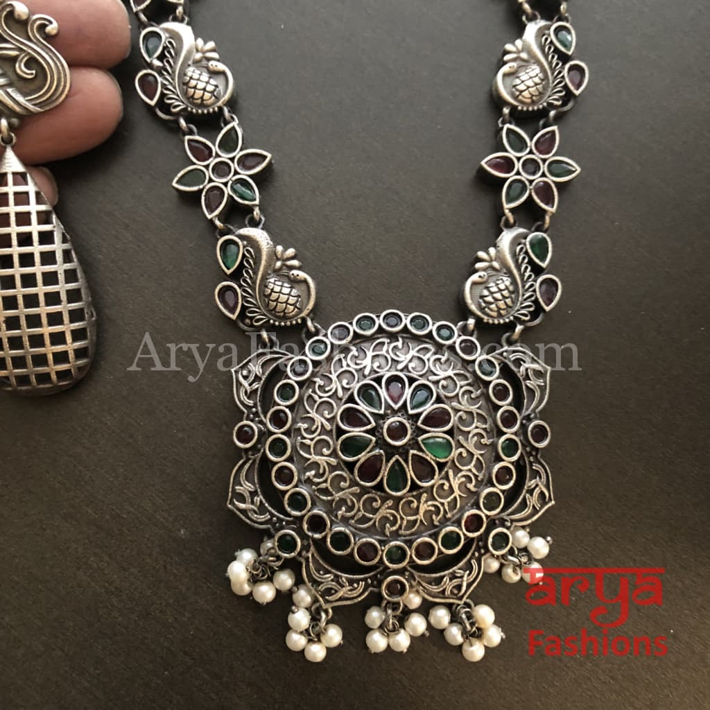 Sakshi Round Pendant Silver Oxidized Tribal Necklace with Pearl beads