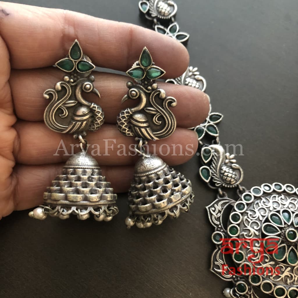 Sakshi Round Pendant Silver Oxidized Tribal Necklace with Pearl beads