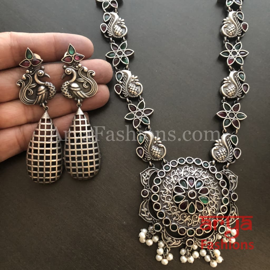 Sakshi Round Pendant Silver Oxidized Tribal Necklace with Pearl beads