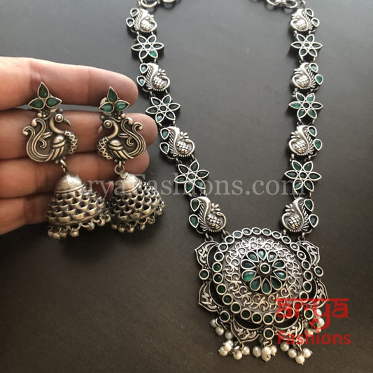 Sakshi Round Pendant Silver Oxidized Tribal Necklace with Pearl beads