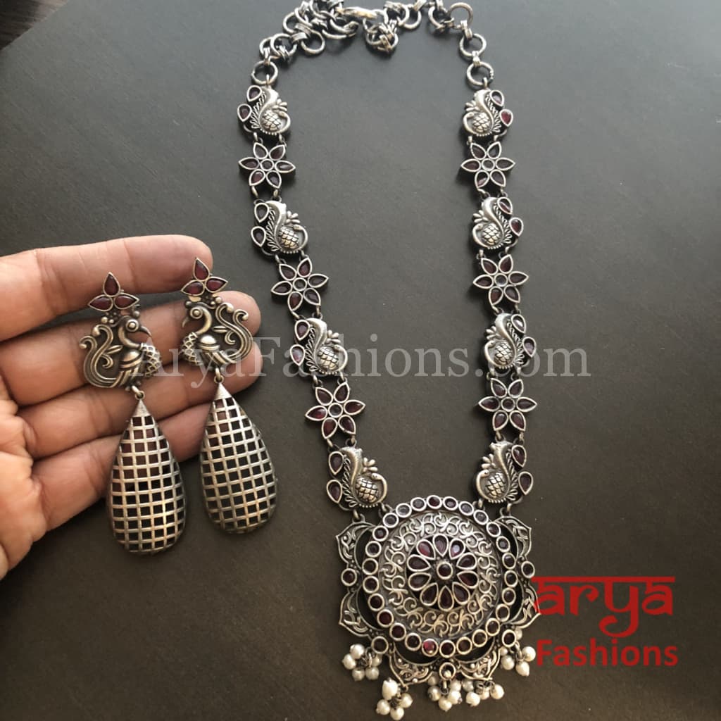 Sakshi Round Pendant Silver Oxidized Tribal Necklace with Pearl beads