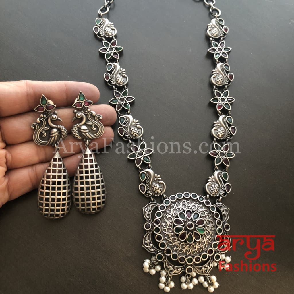 Sakshi Round Pendant Silver Oxidized Tribal Necklace with Pearl beads