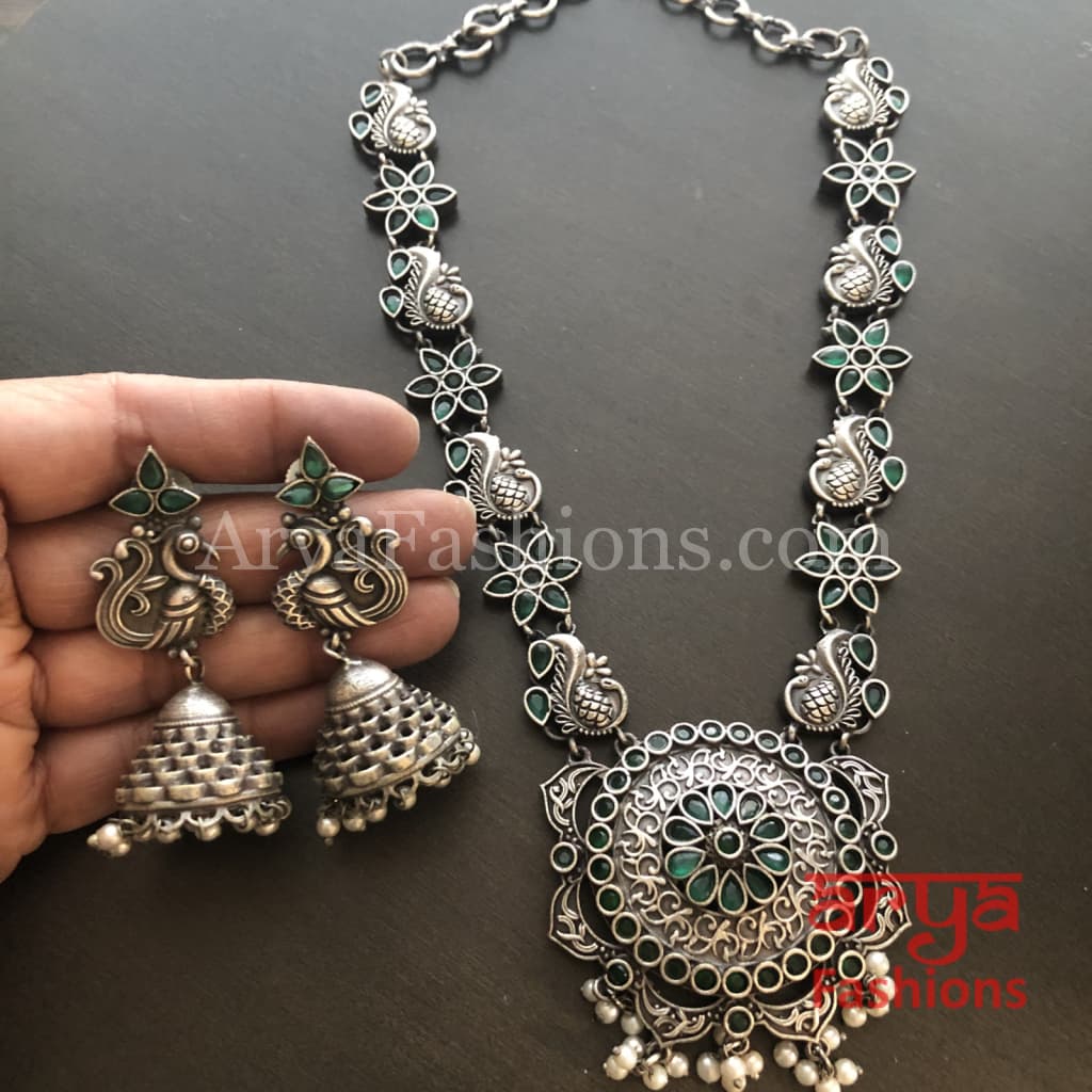 Sakshi Round Pendant Silver Oxidized Tribal Necklace with Pearl beads