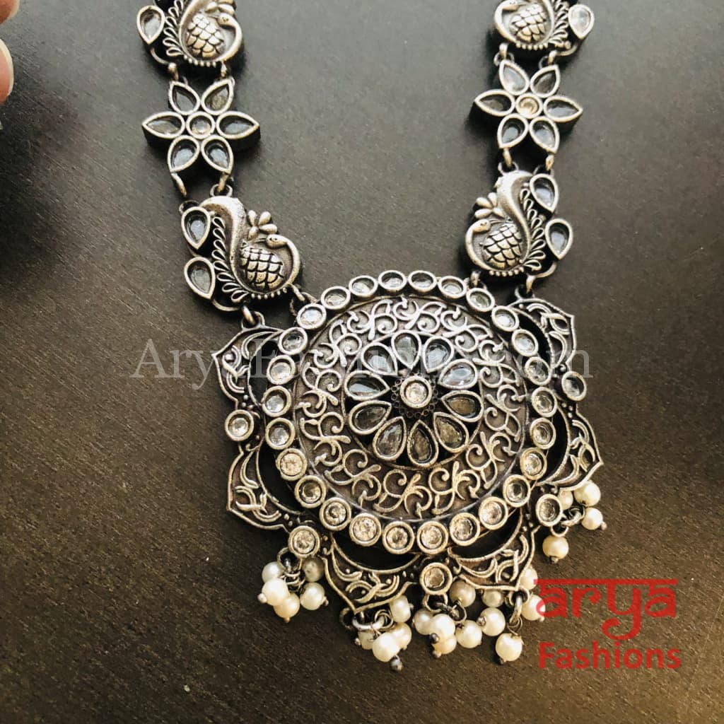 Sakshi Round Pendant Silver Oxidized Tribal Necklace with Pearl beads