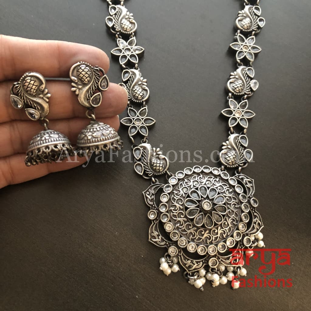 Sakshi Round Pendant Silver Oxidized Tribal Necklace with Pearl beads