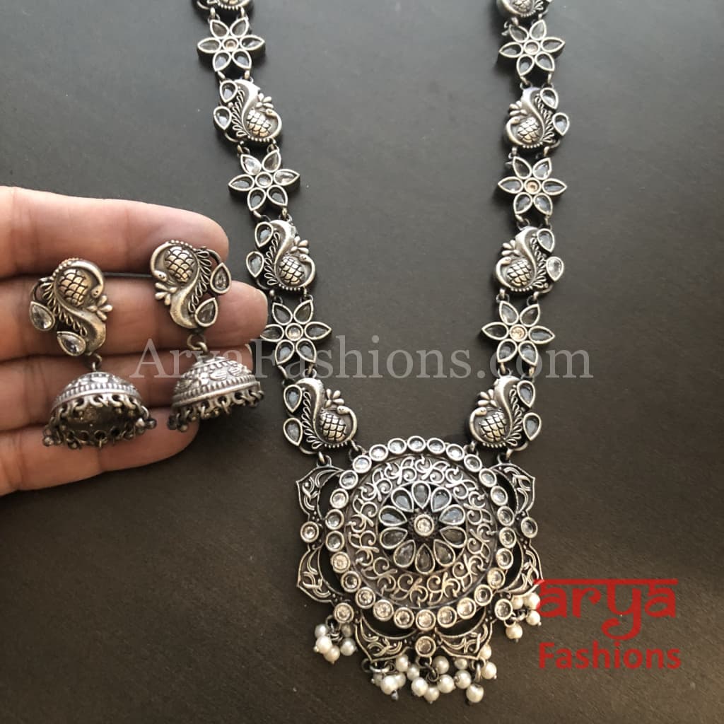 Sakshi Round Pendant Silver Oxidized Tribal Necklace with Pearl beads