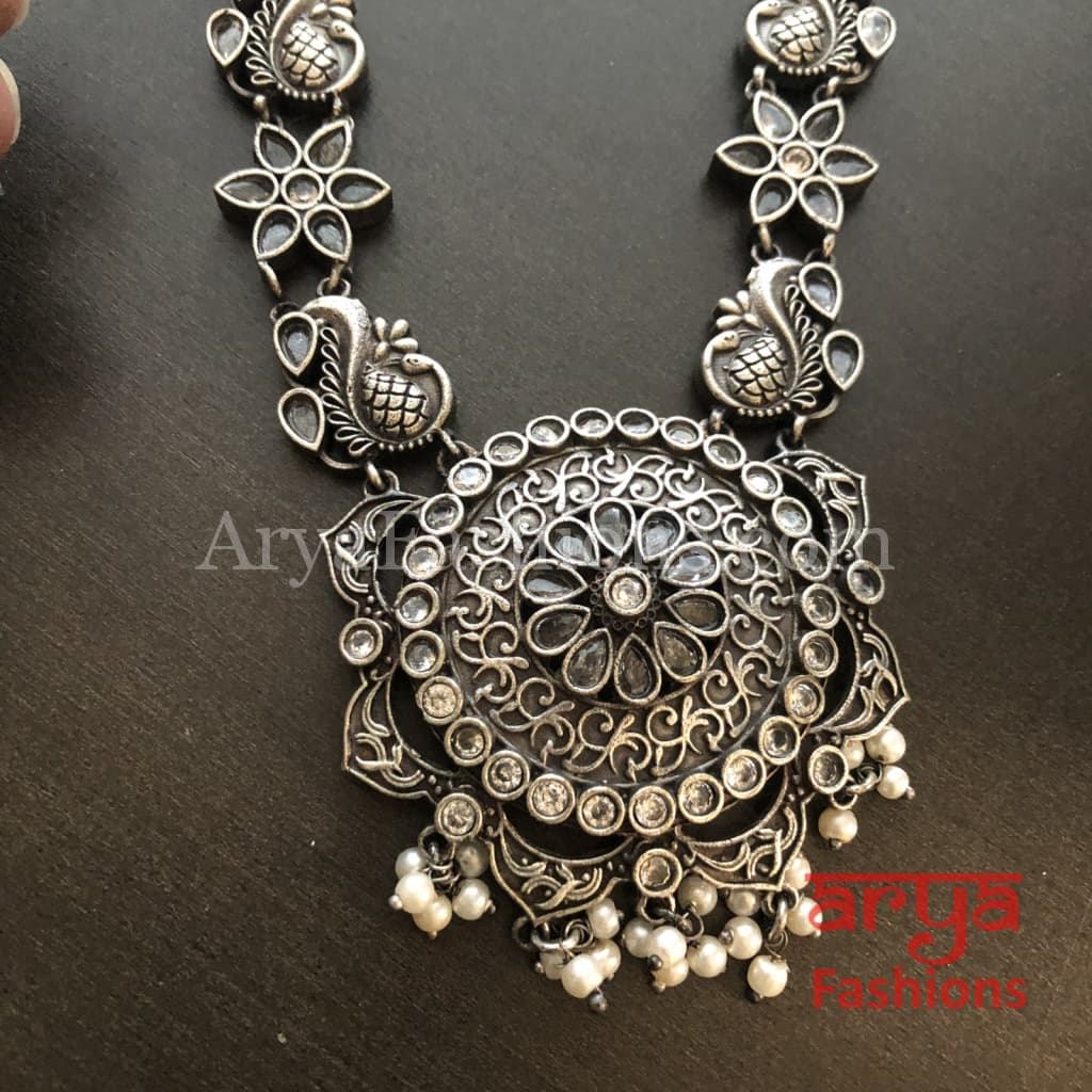 Sakshi Round Pendant Silver Oxidized Tribal Necklace with Pearl beads