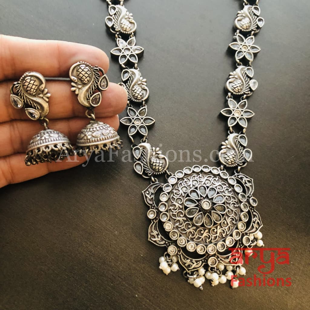 Sakshi Round Pendant Silver Oxidized Tribal Necklace with Pearl beads