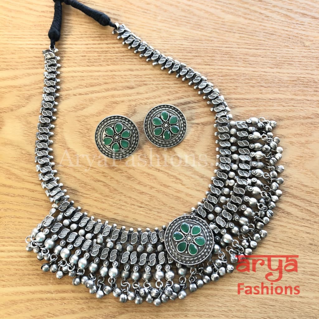 Samaira Statement Silver Oxidized Tribal Choker Necklace with Studs earrings