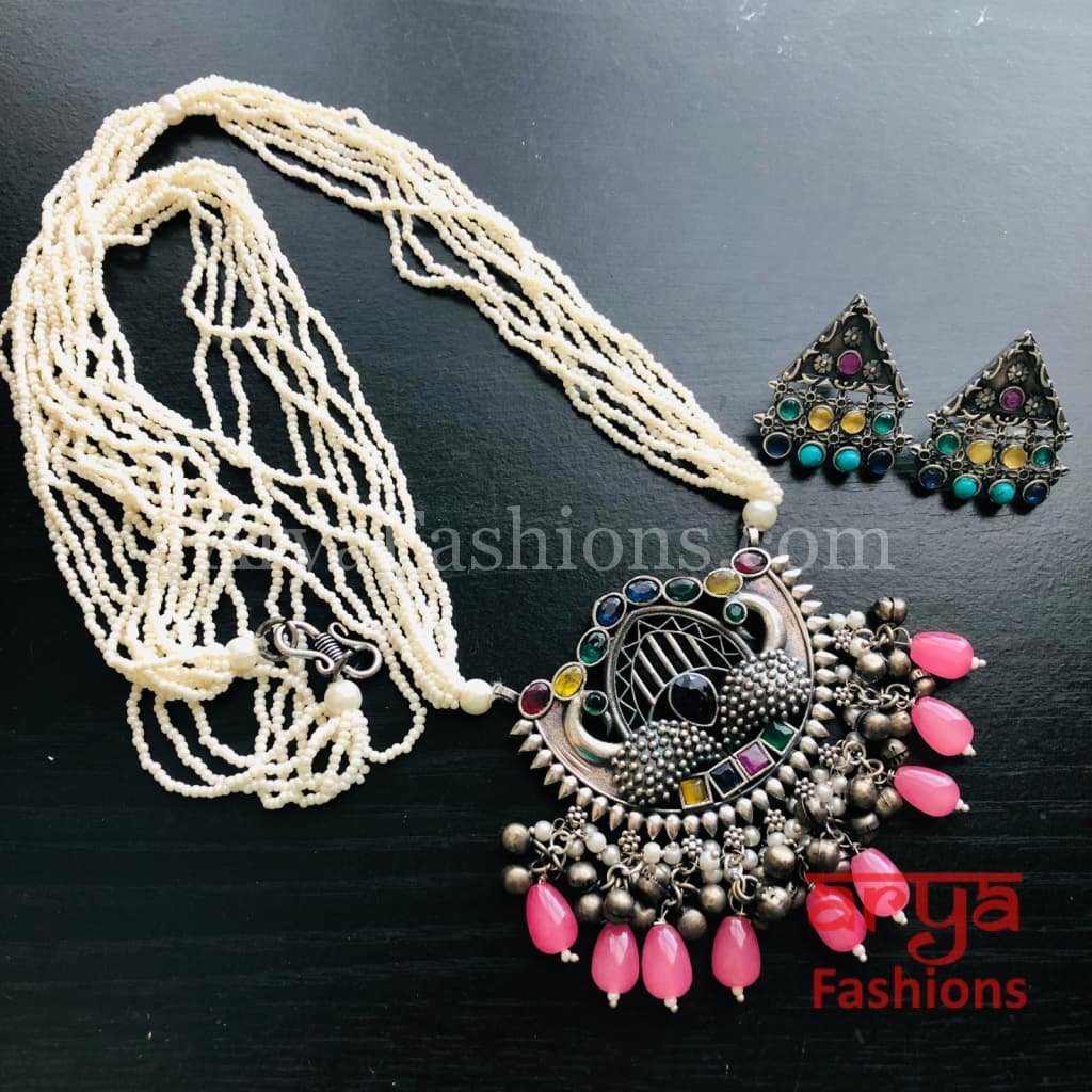 Samika Oxidized Silver Pearl Necklace with Pendant