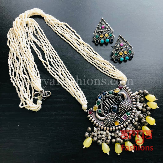 Samika Oxidized Silver Pearl Necklace with Pendant