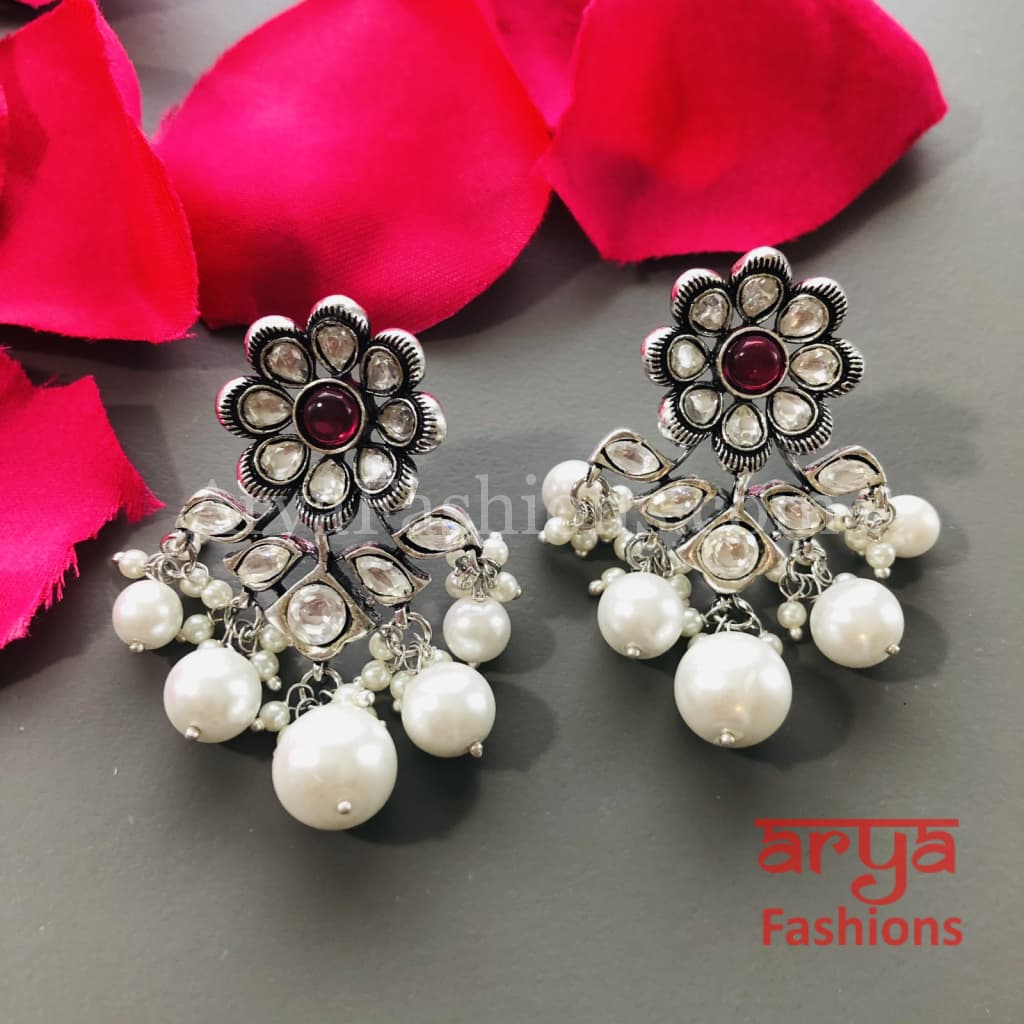 Sara Silver Cubic Zirconia Jhumka Earrings with colored stones and pearl drops