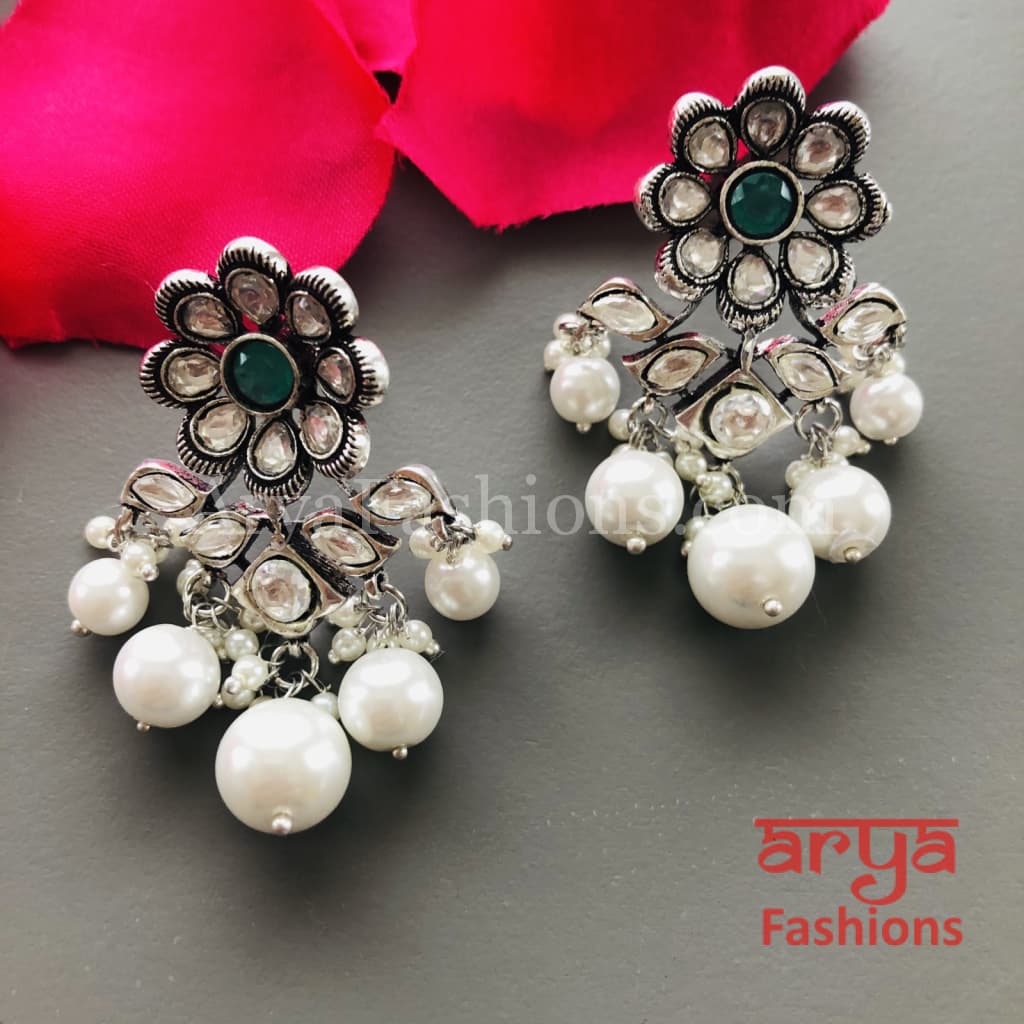 Sara Silver Cubic Zirconia Jhumka Earrings with colored stones and pearl drops