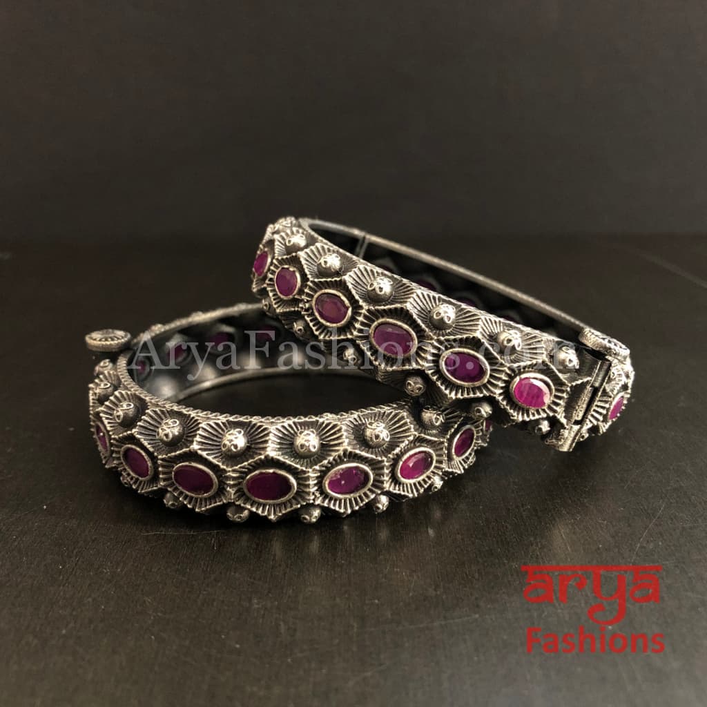 Sara Silver Oxidized Openable Bracelet Bangles/ Colored Stones Tribal Bangles