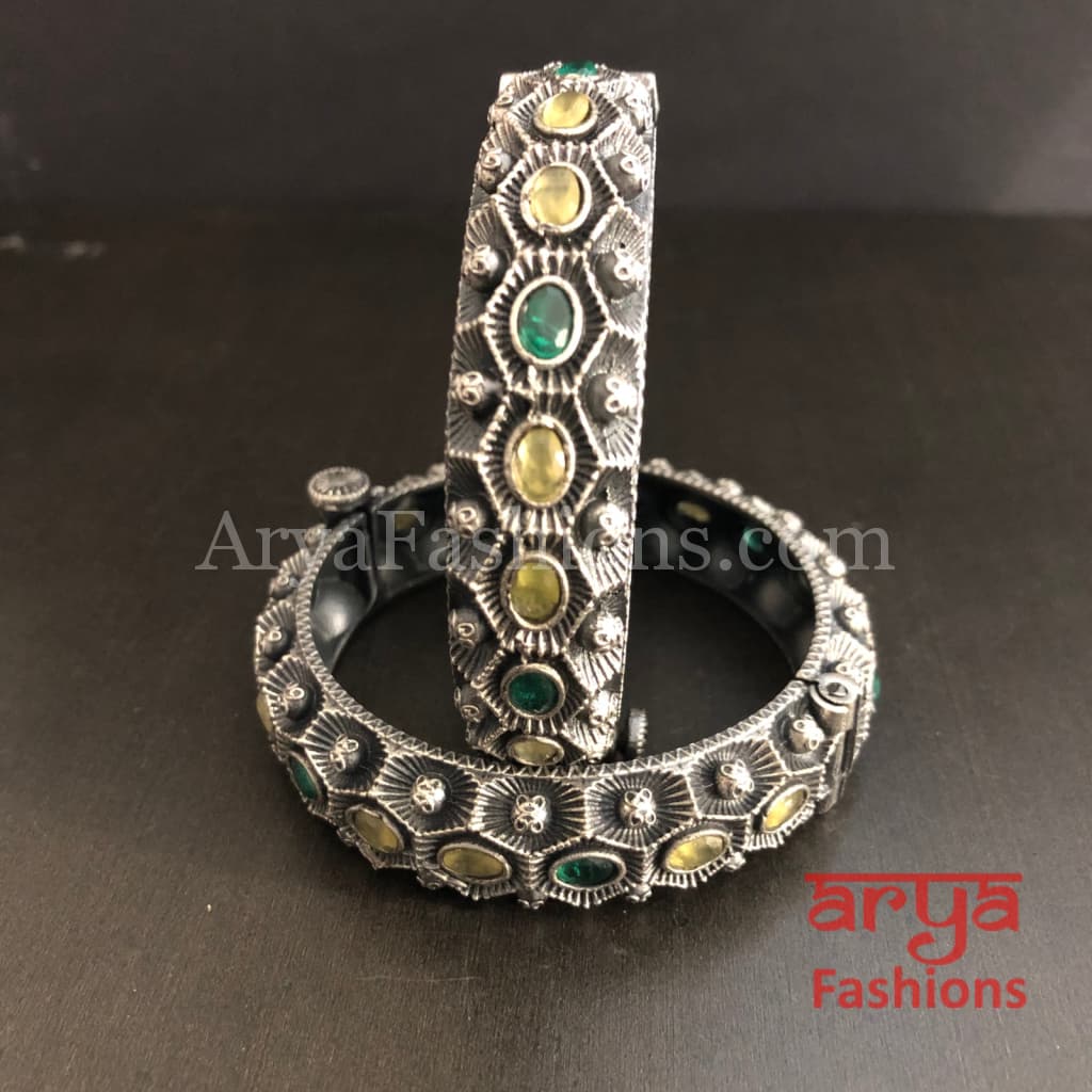 Sara Silver Oxidized Openable Bracelet Bangles/ Colored Stones Tribal Bangles