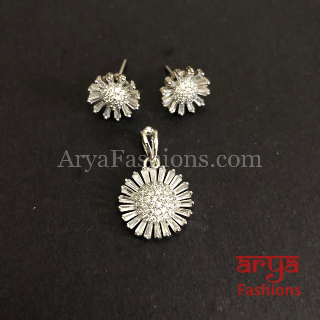 Sasha Silver Cubic Zirconia Flower Pendant with Stud Earrings
